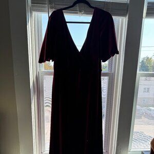 Long Red velvet bell sleeve deep vneck gown